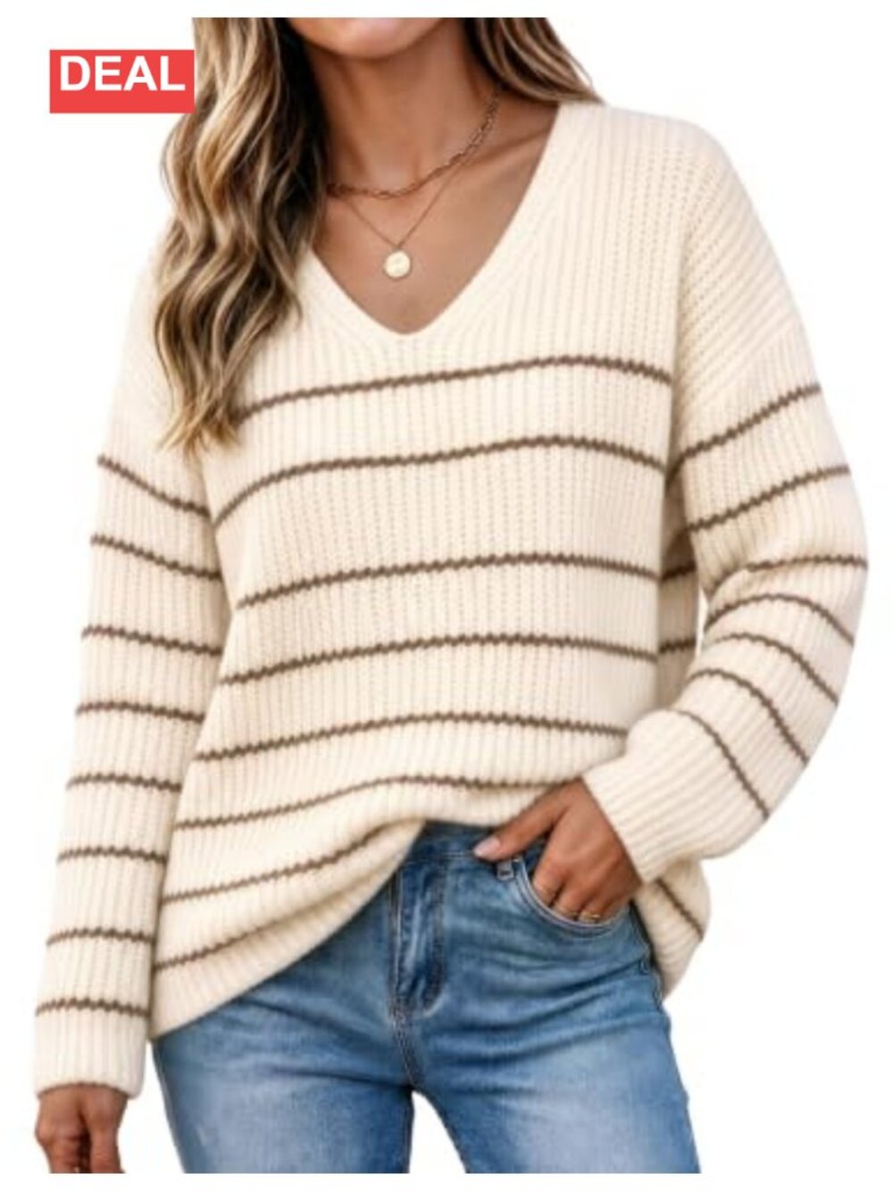 Women's V Neck Striped Pullover Sweater Long Sleeve Lightweight Fall